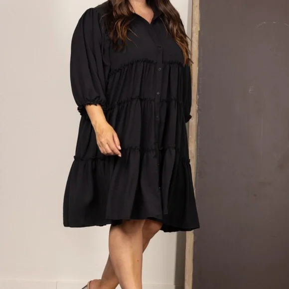 Dresses | Black Collared Button Front 34 Sleeves Plus Size Mini Dress |  Poshmark